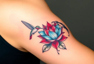 A pair of hummingbirds circling a blooming lotus (only red , blue and black are possible colors) tattoo idea