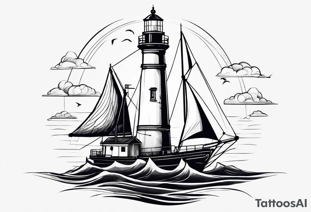 maritime lighthouse with 2 large sails attached. tattoo idea
