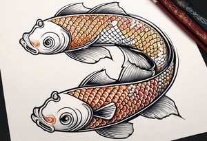 koi fish with a little narrow body, elongated fins, trimmed with pearls, ginko leaves around, minimal color, gradient lines tattoo idea