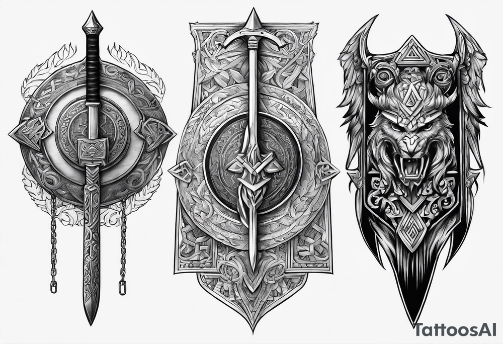 Valhalla sword round shield axe Valknut steps fire chains tattoo idea Valhalla sword round shield axe Valknut steps fire chains tattoo idea