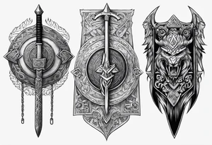 Valhalla sword round shield axe Valknut steps fire chains tattoo idea