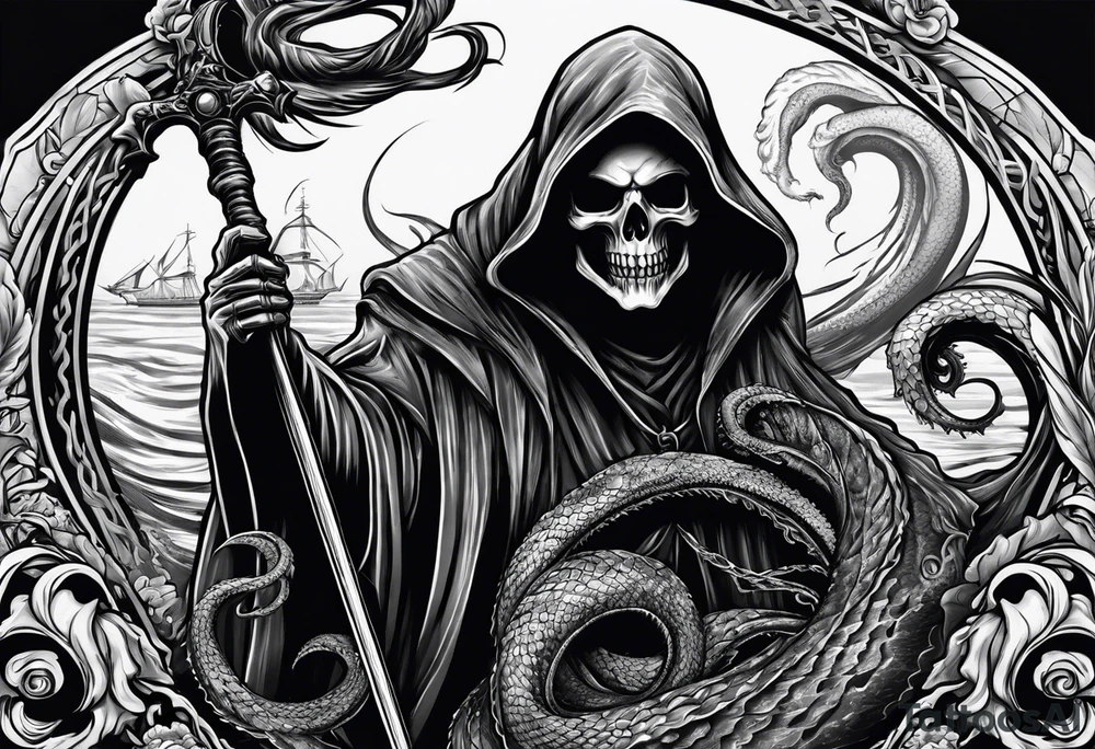 Grim reaper with a kraken in the background tattoo idea