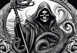 Grim reaper with a kraken in the background tattoo idea