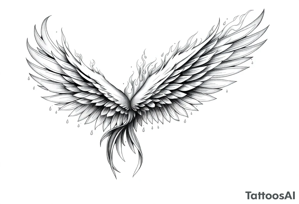large blazing wing surrounded by fire. with a crown of fire tattoo idea