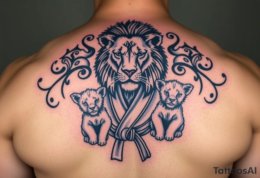 Lion wearing a Brazilian jiu jitsu gi as a person would along side his two cubs. The surrounding area is the sarenghetti tattoo idea