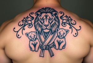 Lion wearing a Brazilian jiu jitsu gi as a person would along side his two cubs. The surrounding area is the sarenghetti tattoo idea