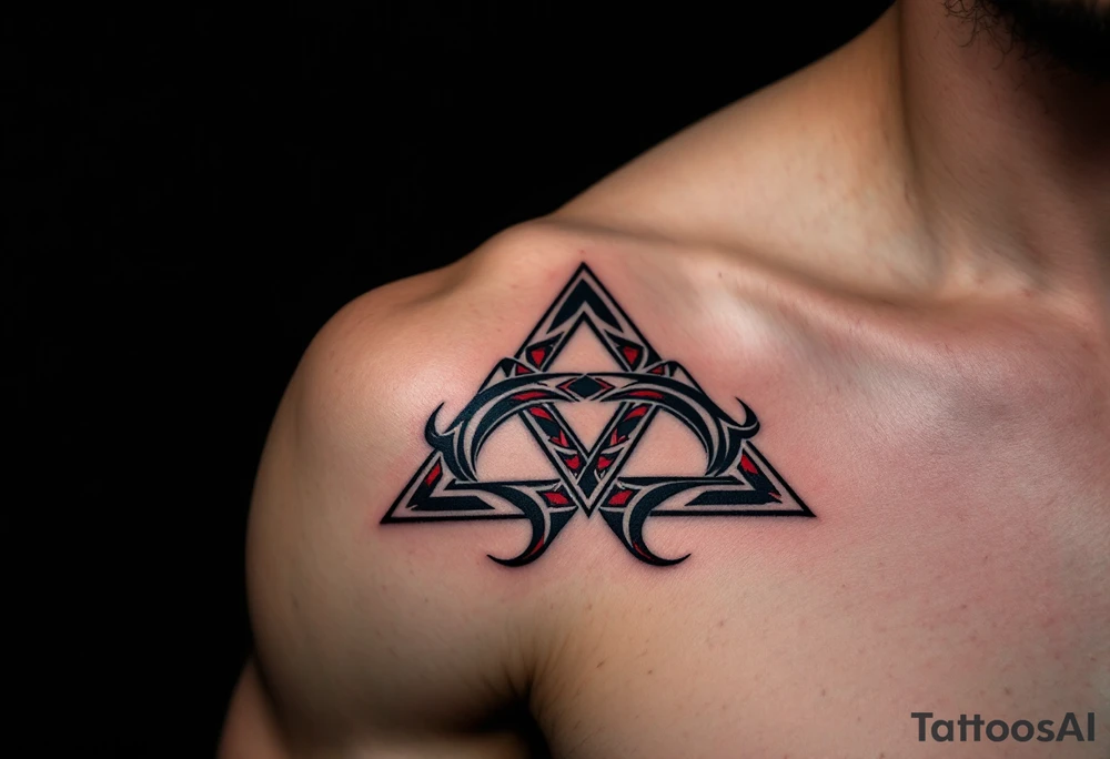 A bold tribal-style triquetra, filled with deep red and black patterns tattoo idea