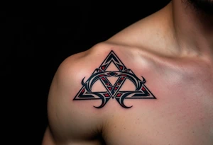 A bold tribal-style triquetra, filled with deep red and black patterns tattoo idea