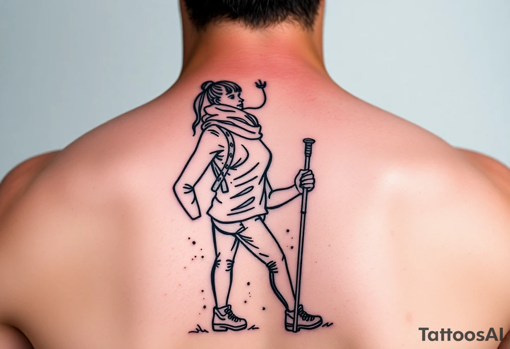 one fine line tattoo with a woman holding hiking poles and hiking tattoo idea
