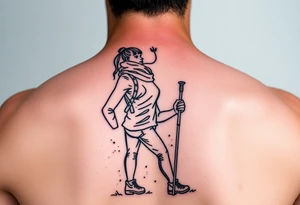 one fine line tattoo with a woman holding hiking poles and hiking tattoo idea