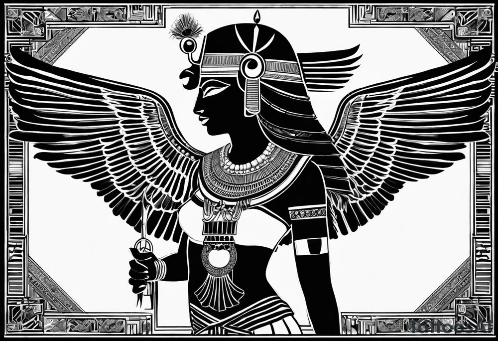 black and white Egyptian goddess Isis, who is often depicted as a woman with outstretched wings, holding an ankh (a symbol of life) in one hand and a lotus flower in the other. Her headdress often includes a throne or a solar disk. The tattoo design can vary in style and size, but it typically aims to capture the essence of this revered Egyptian deity, emphasizing her beauty, power, and maternal qualities. The choice of colors and additional elements can also be customized to create a unique and visually striking representation of the goddess Isis tattoo idea