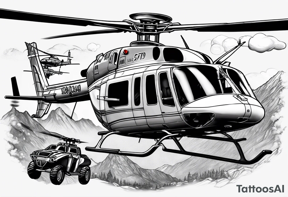 a bell 407 helicopter with the name "T. Sousa" on it, with multiple other helicopters below it, over a wildfire, with the pilot wearing night vision goggles. tattoo idea