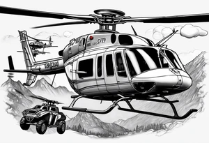 a bell 407 helicopter with the name "T. Sousa" on it, with multiple other helicopters below it, over a wildfire, with the pilot wearing night vision goggles. tattoo idea