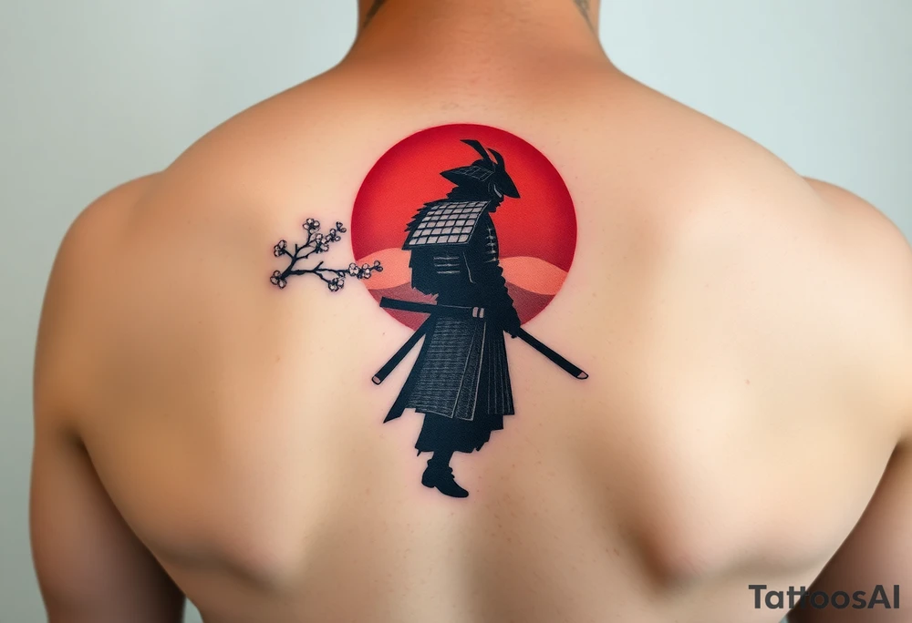 noble samurai warrior silhouette at sunset with cherry blossoms tattoo idea