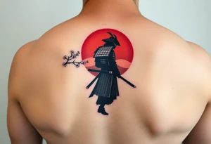 noble samurai warrior silhouette at sunset with cherry blossoms tattoo idea