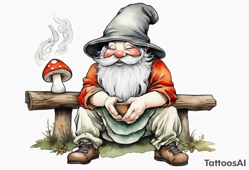 a mushroom gnome
wearing a mushroom hat sitting on a bench by a fireplace drinking from a wood cup, laughing tattoo idea