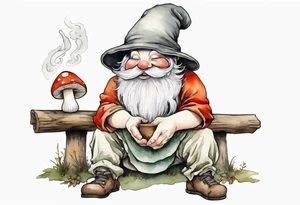 a mushroom gnome
wearing a mushroom hat sitting on a bench by a fireplace drinking from a wood cup, laughing tattoo idea