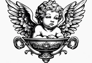 a cherub floating with a money bag. no boarders tattoo idea