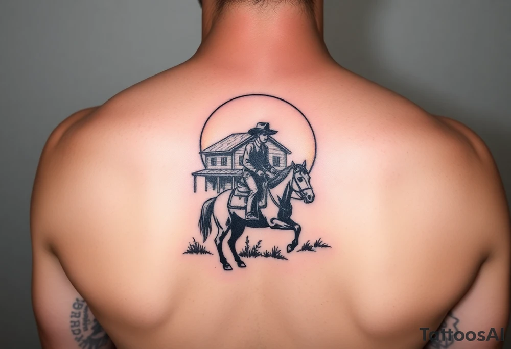 Cowboy riding a house against a sunset tattoo idea
