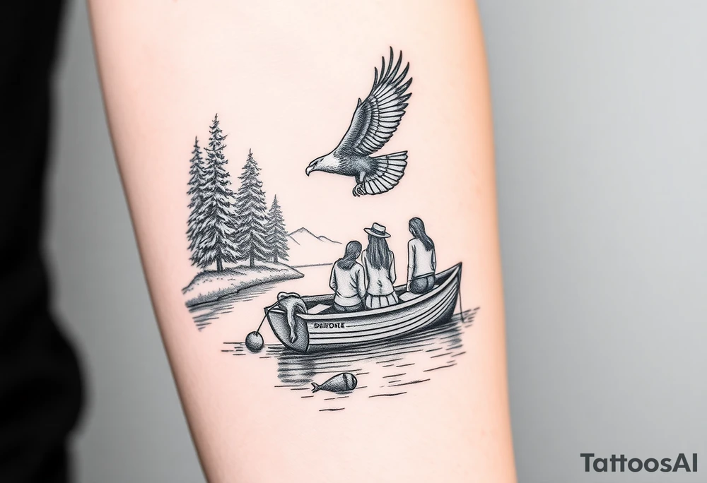 Northern river with evergreen along side river with a fishing boat with two with eagle flying in the sky and women and girl sitting on doc back facing tattoo idea