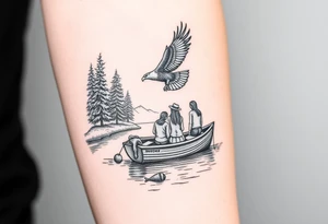 Northern river with evergreen along side river with a fishing boat with two with eagle flying in the sky and women and girl sitting on doc back facing tattoo idea