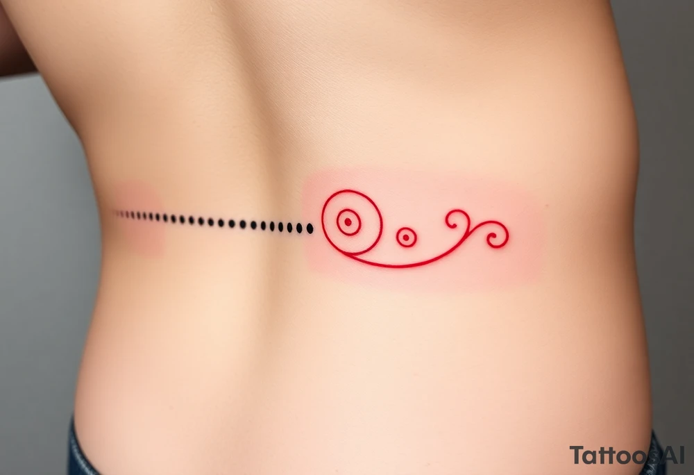 “-... .-. .- . .- .-.. ....... -.. .- .-- --- --- -.. .......” morse code tattoo with dainty girly swirl design in red ink on female hip bone tattoo idea