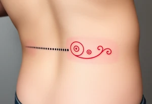 “-... .-. .- . .- .-.. ....... -.. .- .-- --- --- -.. .......” morse code tattoo with dainty girly swirl design in red ink on female hip bone tattoo idea