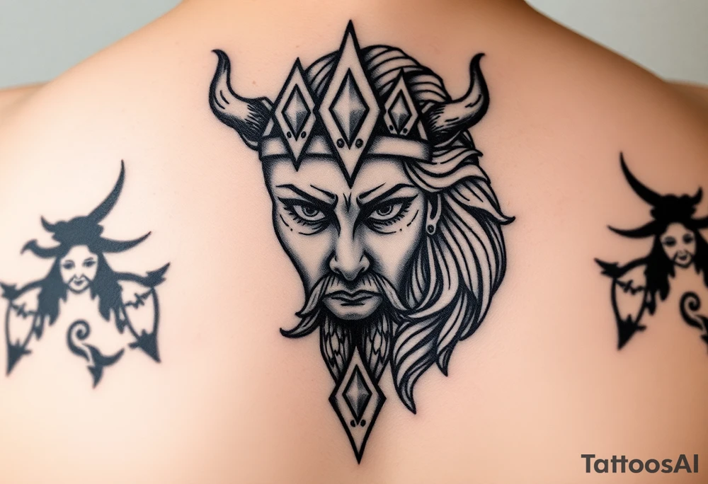 Viking Shield maiden face, black work, intricate lines, realistic, complex tattoo idea