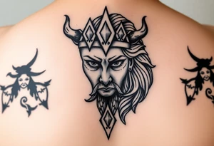 Viking Shield maiden face, black work, intricate lines, realistic, complex tattoo idea