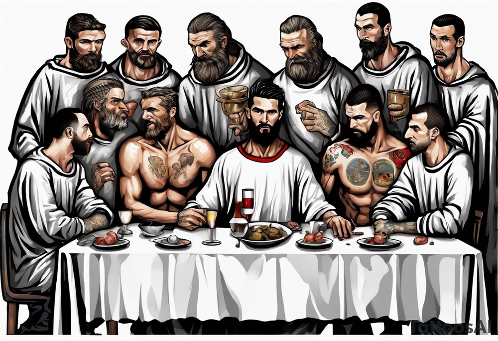 Rooney, Ronaldo, Best, Charlton, Cantona and Rashford at the Last Supper tattoo idea