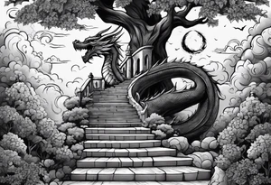 in vertical line, a dragon coming up on stairs that are a tree at the top with an angel, with the words "One day at a time" and date 4.14.24 tattoo idea