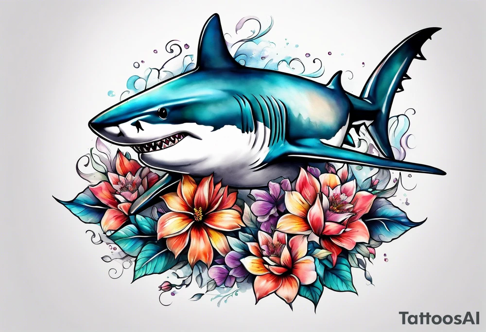 shark with flowers tattoo idea