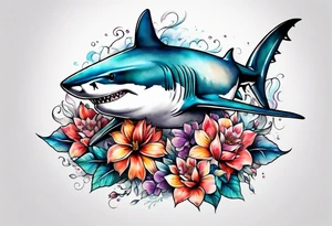 shark with flowers tattoo idea