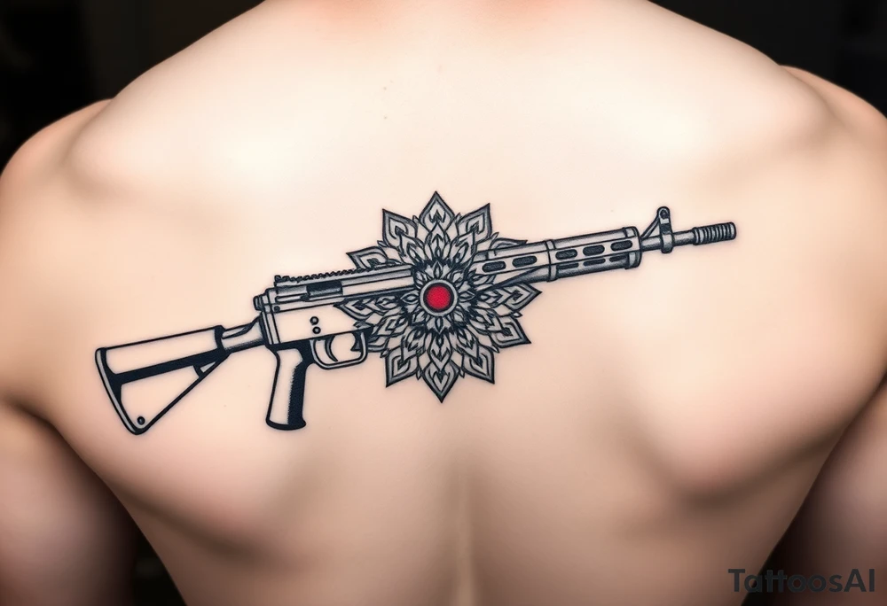 "Minimalist machine gun tattoo: Maxim 1910 outline flows into Tibetan mandala. Red dot sight is a tiny mirror. Black ink, geometric style, 10cm length. tattoo idea