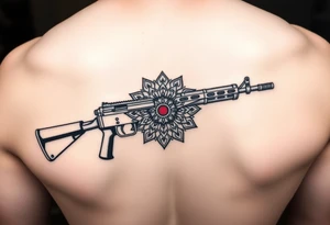 "Minimalist machine gun tattoo: Maxim 1910 outline flows into Tibetan mandala. Red dot sight is a tiny mirror. Black ink, geometric style, 10cm length. tattoo idea