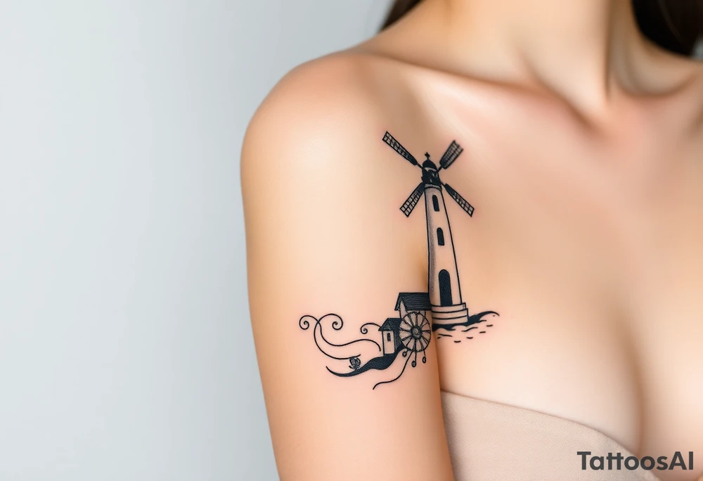 Merge halves of a lighthouse and windmill tattoo idea