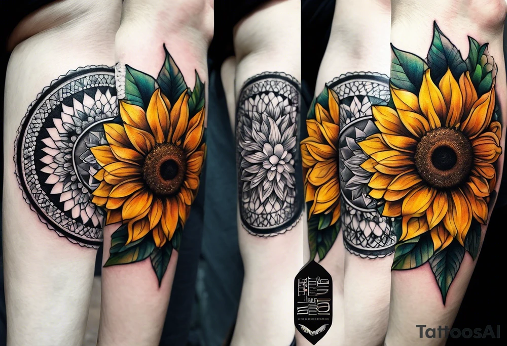Sunflower forearm tattoo with honeycomb background and mandala wrist wrap. Sunflowers tattoo idea