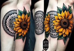 Sunflower forearm tattoo with honeycomb background and mandala wrist wrap. Sunflowers tattoo idea
