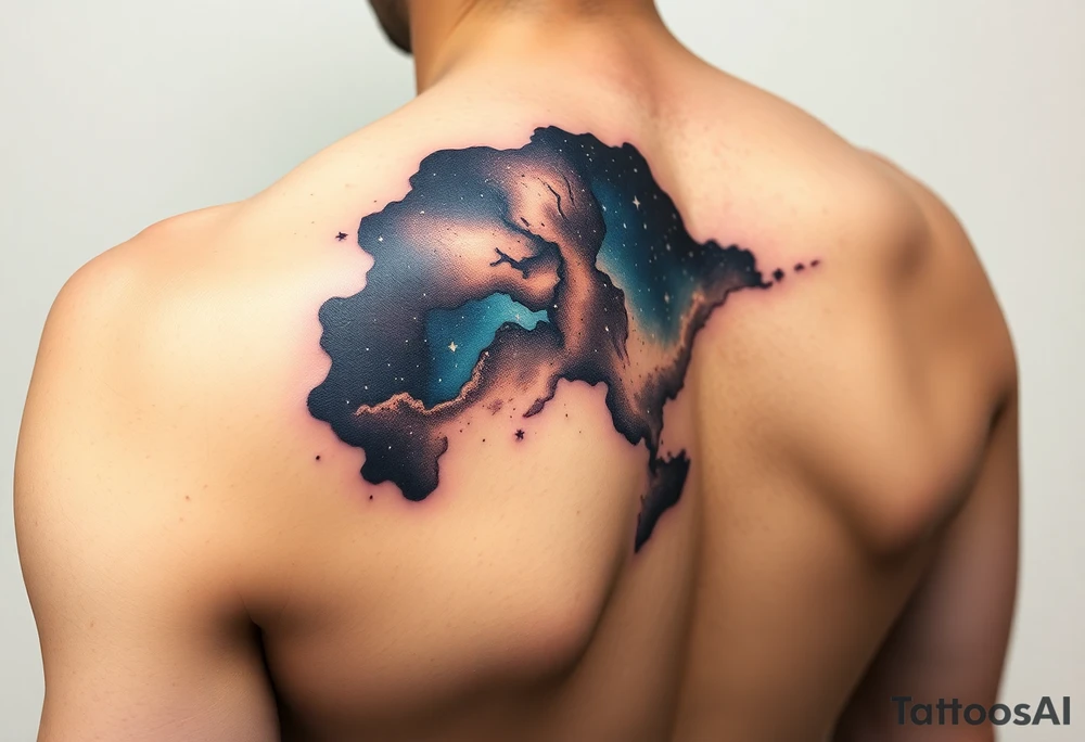 Beautiful and epic 3d milky way that appears to be what is beneath the skin. Make it drape over the shoulder and move to the middle back. use negative spaces to create stars and dust. Incorporate God breathing life into the universe. Keep it symmetrical tattoo idea