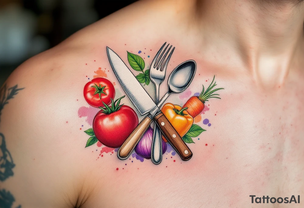 A realistic kitchen tattoo design showing a stainless steel chef’s knife with a brown wooden handle crossed over a silver fork and spoon, surrounded by fresh vegetables: a bright red tomato, an orange carrot with green leaves, a purple onion, green basil leaves, and a yellow bell pepper — all arranged in a circular layout with soft watercolor splashes in red, green, orange, and violet behind them. tattoo idea