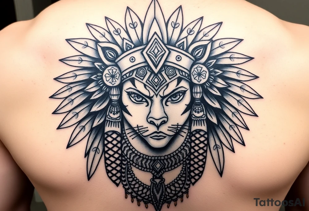 Aztec princess with panther headdress with gold accents tattoo idea