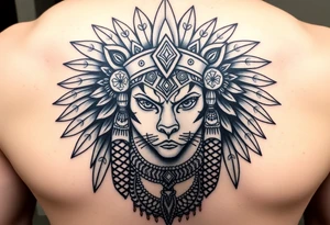 Aztec princess with panther headdress with gold accents tattoo idea
