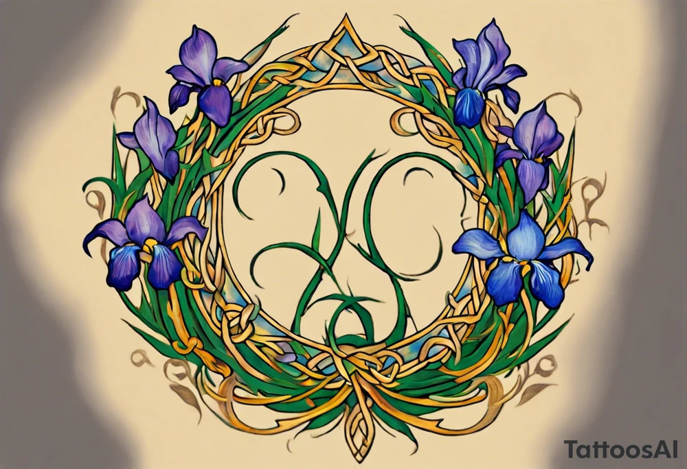 Create a colorful, small Vincent van Gogh Irises tattoo with Celtic knots. The tattoo should take the form of a crescent, with vines gracefully intertwining at a central point in the middle of the wreath. Ensure that the design avoids the appearance of a bush and maintains a more structured and deliberate arrangement. The intended placement is on the upper chest. The overall design should be small in size while maintaining a delicate and artistic aesthetic. Pay attention to the graceful flow of the vines and the placement of the irises to achieve a refined and elegant look tattoo idea