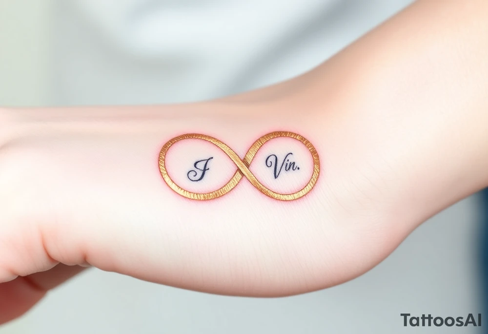 A delicate infinity symbol in shimmering champagne gold, intertwined with wedding rings engraved with the couple’s initials tattoo idea