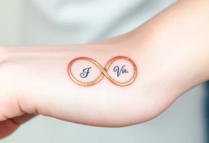 A delicate infinity symbol in shimmering champagne gold, intertwined with wedding rings engraved with the couple’s initials tattoo idea