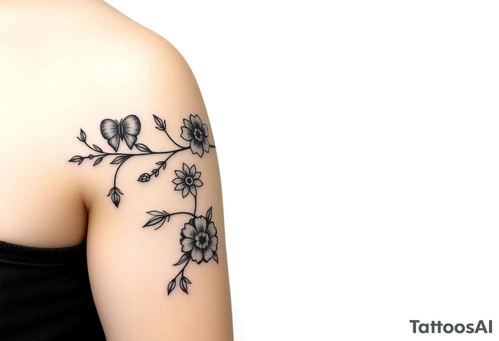 Create a wraparound vine tattoo that starts in the middle of the outer side of the top of the right hand and travels up the forearm. Along the vine, starting on the hand, include a sweet pea flower. Then continue along the vine adding the following in order: heart, violet, holly sprig, Zoey 2011-12-01, daisy, hydrangea, anemone flower, dandelion, lisianthus, flowering cactus, black rose 2022-08-28, white butterfly, lily of the valley, evening primrose and white butterfly , jasmine, forget-me-not and white butterfly, symbol for enduring love, a violet, sweet pea and narcissus and finally a white butterfly. tattoo idea