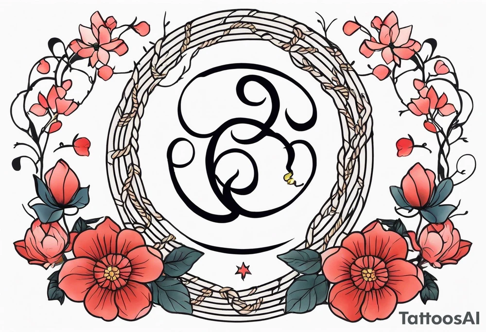 rope made out of vine in a cricle with 生涯の兄弟 in the middle with light red majestic flowers around for the bottom wrist tattoo idea