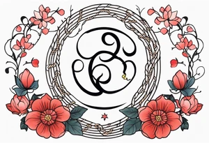 rope made out of vine in a cricle with 生涯の兄弟 in the middle with light red majestic flowers around for the bottom wrist tattoo idea