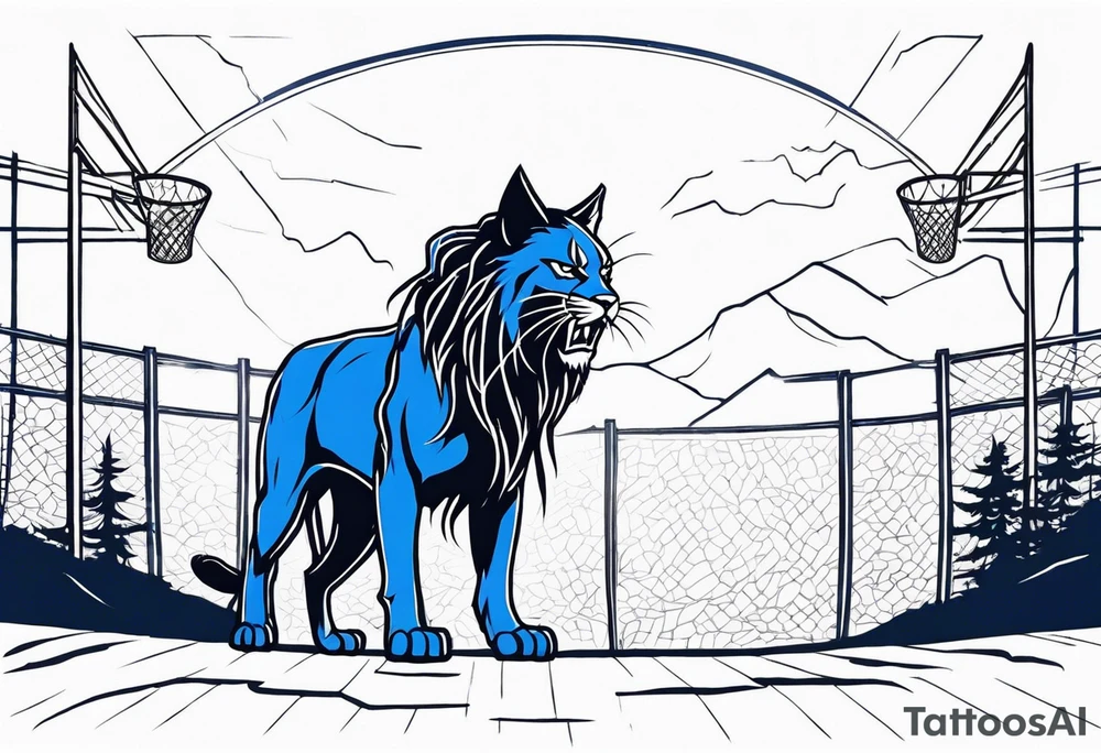 blue wildcat with long dreads under stadium football lights with a snarl on his face standing on a hill looking down at all his defeated opponents tattoo idea