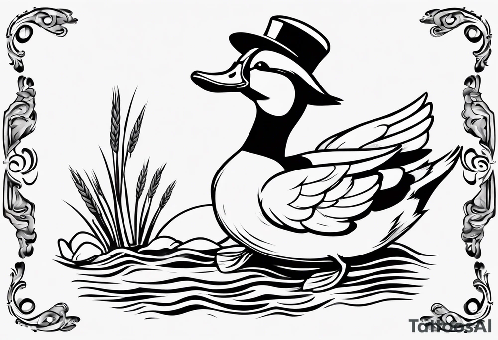 tatouage d’un canard avec un béret et une baguette sous l’aile tattoo idea